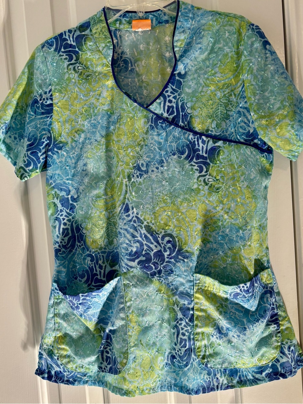Elan Blue and Green Floral Wrap-Style Scrub Top